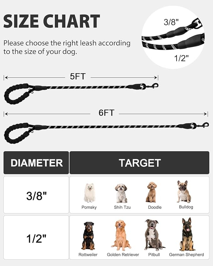 Joytale Reflective Dog Leash, Heavy Duty Nylon Rope with Poop Bag Holder, Highly Reflective Threads Leashes for Medium Large Dogs, Black, 6'×1/2''