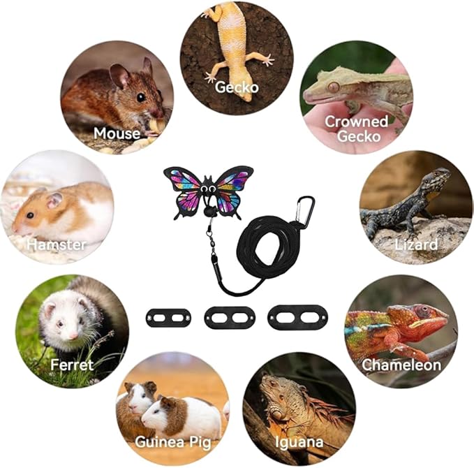 Bearded Dragon Harness Leash Set Adjustable 3PC Leather Vest Butterfly Wings Harness Lizard Outdoor Walking Control Rope for Iguana Gecko Chameleon Hamster Ferret (Black)