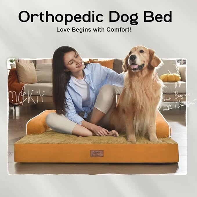Large Dog Bed Orthopedic Washable, Dog Beds for Large Dogs, Washable Cover Removable Bolster and Non-Slip Bottom Jumbo Orthopedic Orange Dogs Beds, XXLarge Extra Large Dogs