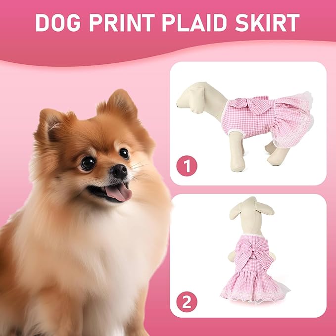 Dog Dress Plaid with Bowknot Cute Dress for Small Dog Cat Puppy Outfits with Harness Leash( Pink,X-Large )