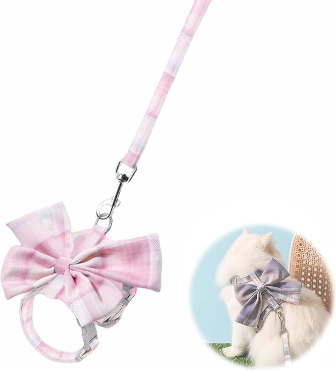Cat Harness and Leash Set for Safe Walking, Bow Tie Cat Collar Harness, Adjustable Soft Travel Kitten Harness for Small Medium Large Cats (Pink Bow-M)