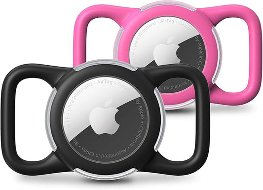 Waterproof Airtag Dog Collar Holder, Silicone & ABS Airtag Holder for Dog & Cat Collars, Ultra-Durable, Lightweight and Protective Airtag Case (Black & Rose, Regular)