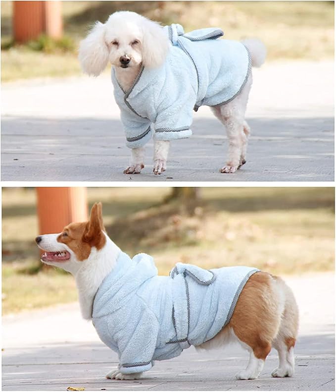 Dog Bathrobe, Microfiber Fast Drying Absorbent Hooded Bath Towel White for Puppy Small Medium Large Dog Cat (L, LightCyan)