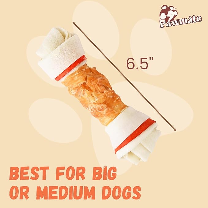 Large Size Chicken Wrapped Rawhide Bones for Large Breed, Long Lasting Chew with Taurine Dog Treats Teeth Cleaning Snacks for Medium Large Dogs 5 Counts