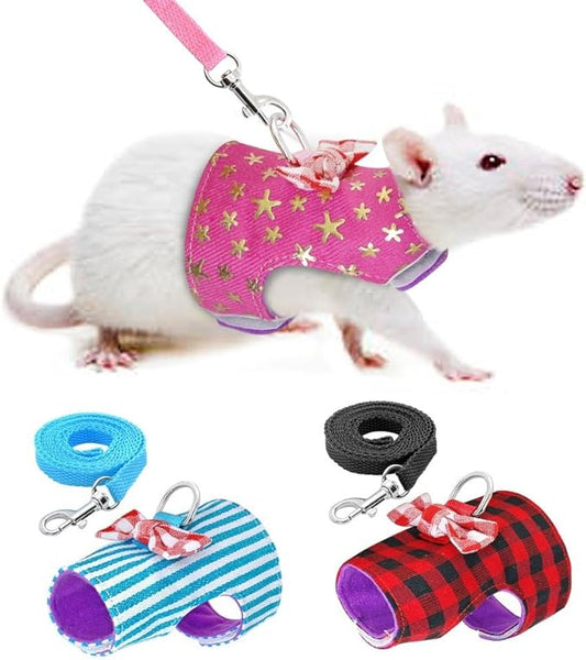 Small Pet Outdoor Walking Harness Vest and Leash Set with Cute Bowknot Decor Chest Strap Harness for Rat Ferret Hamster Squirrel Clothes Accessory, Blue Stripe