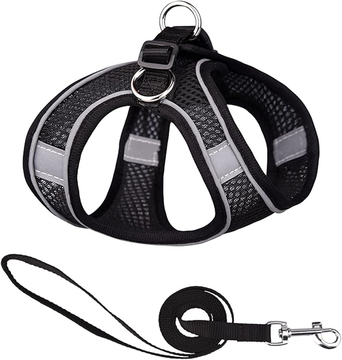 Soft Small Dog Harness and Leash Set Mesh Puppy Harnesses Leash Easy Walk Dog Harness Vest Adjustable Reflective No Pull Dog Harnesses for Small Dogs Cats (Black,XS)