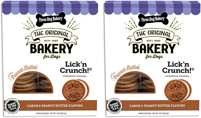 Three Dog Bakery Lick'n Crunch Sandwich Cookies Premium Dog Treats with No Artificial Flavors, Carob and Peanut Butter Flavor, 13 Ounces (Pack of 2)