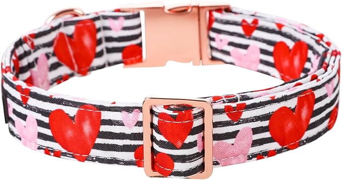 Lionet Paws Valentine Dog Collar, Heavy-Duty Cute Red Heart Pattern Fabric Pet Collar with Metal Buckle for Large, XLarge, Neck 16-26 inches