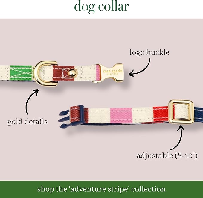 Kate Spade New York Cute Dog Collar with Gold Metal Buckle, Adjustable Collar for Female or Male Extra Small Dogs (Adventure Stripe)