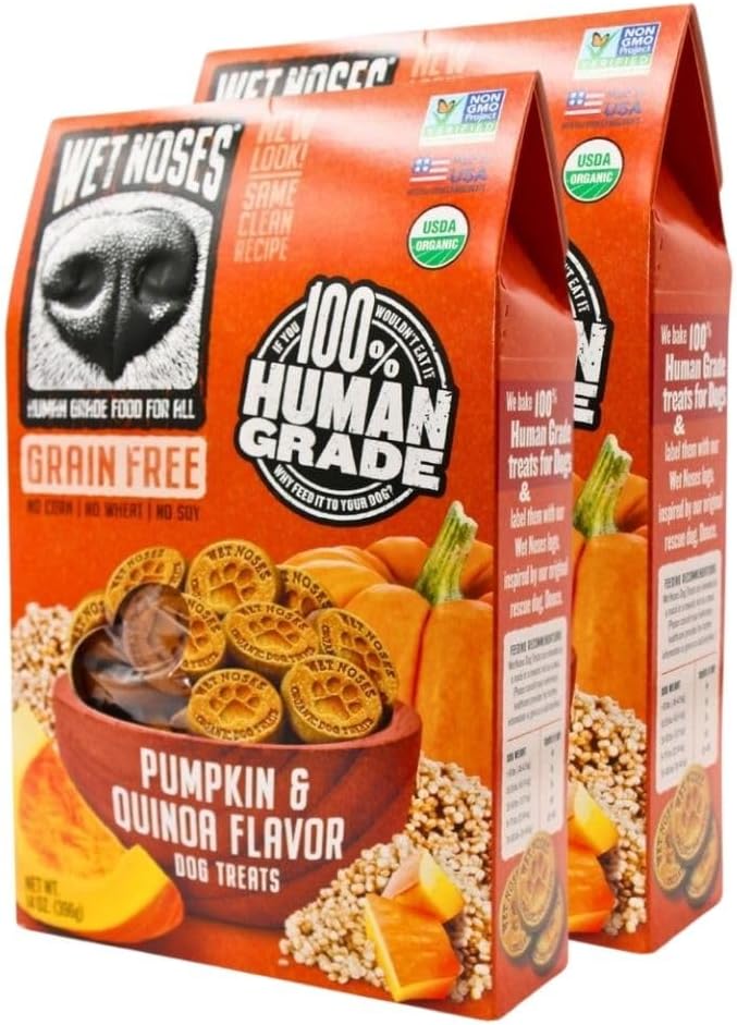 Organic Crunchy Dog Treats – for All Pet Sizes, Breeds – All-Natural Puppy Treat, Senior Dog Snack – 100% Human-Grade – Delicious Chews for Dogs - Grain-Free Pumpkin & Quinoa, 14 Oz (2 Pack)
