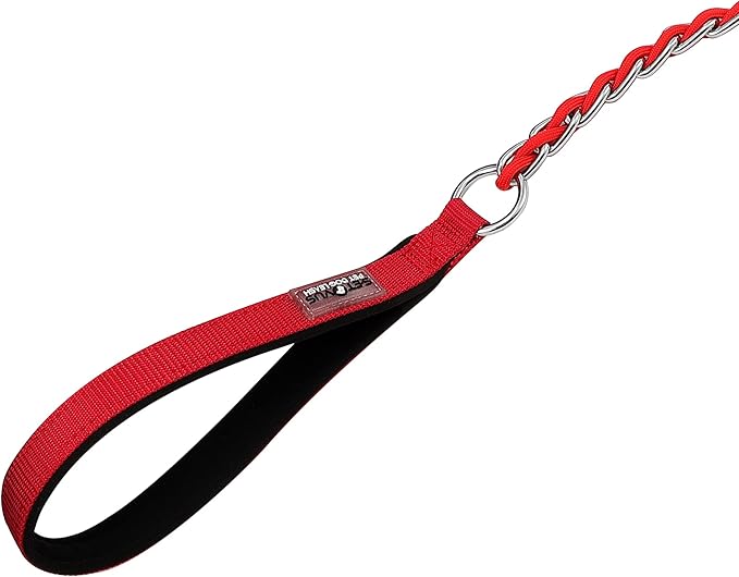 Chew Proof Metal Leash for Medium Large Dogs, 5.2FT Strong Anti Chew Chain Link Leash With Comfortable Soft Padded Handle - Red