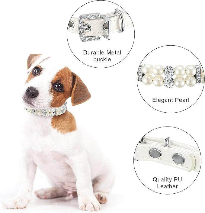 White Pearl Dog Collars for Small Dogs, Beaded Cat Collar Leash Set Leather Puppy Necklace with Crystal Rhinestone Diamond for Girl Kitten XXSmall Small Medium Female Dogs Wedding & Birthday, XXS