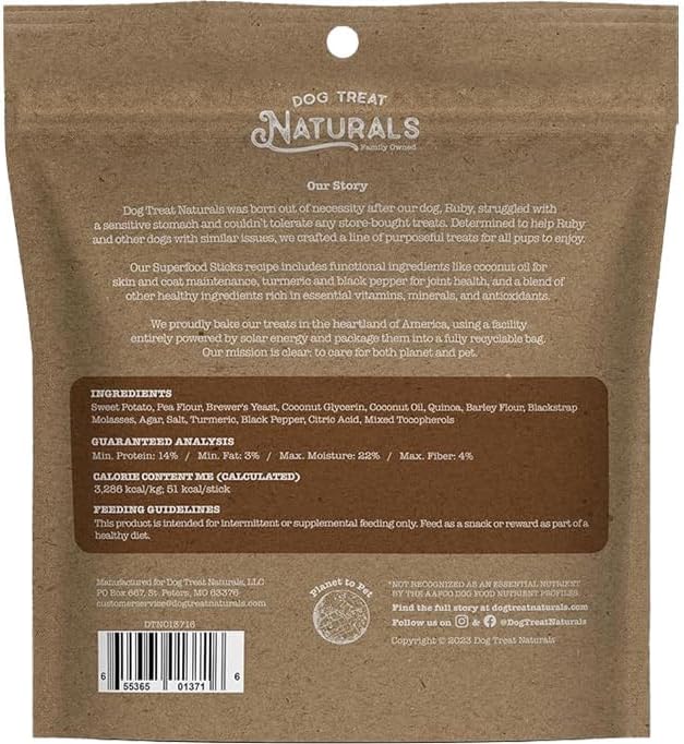 Sweet Potato & Quinoa Superfood Sticks for Dogs | Premium Training Treats | with Turmeric for Joint Health | Made with Real Sweet Potato & Quinoa | Made in USA | 10 Ounces