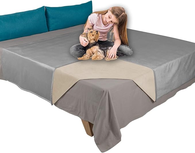 Ameritex Pet Bed Blanket Reversible 100% Waterproof Velvet Super Soft for Sofa and Bed (52x82 Inches, Light Grey+Beige)