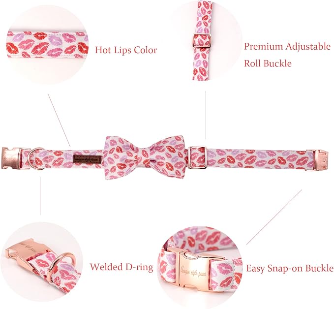 Unqiue Style Paws Valentine Dog Collar, Soft and Cute Dog Bow Tie, Holiday Durable Pet Collar with Bow Adjustable Collar for Medium Dogs