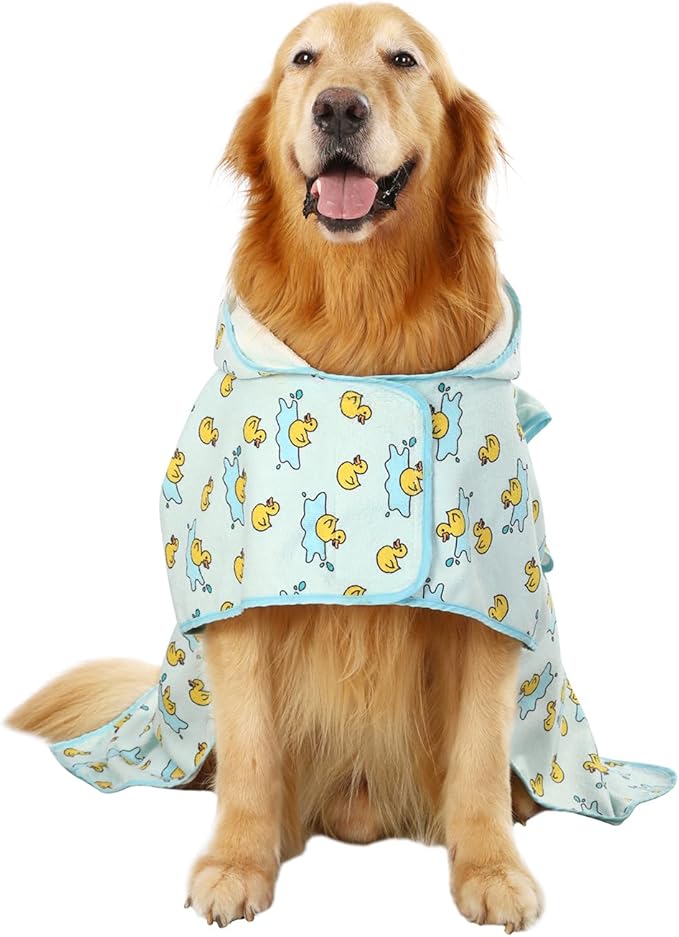 HDE Dog Bathrobe Super Absorbent Quick Drying Towel with Hood for All Dog Breeds Sizes S-XXL - Rubber Duck Puddles - L