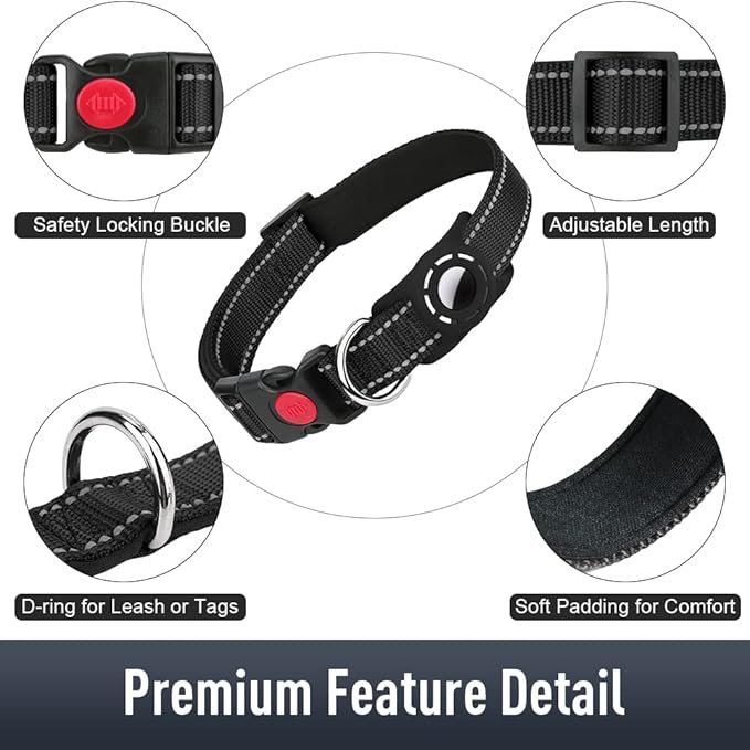 Airtag Dog Collar with AirTag Holder for Small Dogs, Reflective, Soft Padded & Safety Locking Buckle, Nylon Pet Collars Adjustable for All Breeds, Black,S