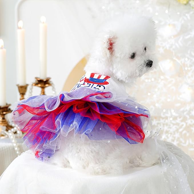 4th of July Dog Dress for Small Dogs Independence Day Girl Puppy Dresses with Stars Patriotic Cat Outfit Tulle Skirt Holiday National Day Pet Clothes (4th of July, Medium)