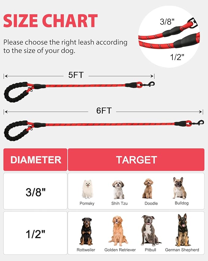 Joytale Reflective Dog Leash, Heavy Duty Nylon Rope with Poop Bag Holder, Highly Reflective Threads Leashes for Small Dogs, Red, 6'×3/8''