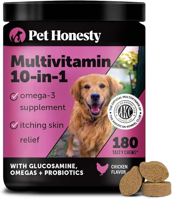 Dog Multivitamin - 10 in 1 Dog Vitamins for Health & Heart - Omega Fish Oil, Glucosamine & Probiotics - Dog Vitamins and Supplements for Skin and Coat (Chicken 180 ct)