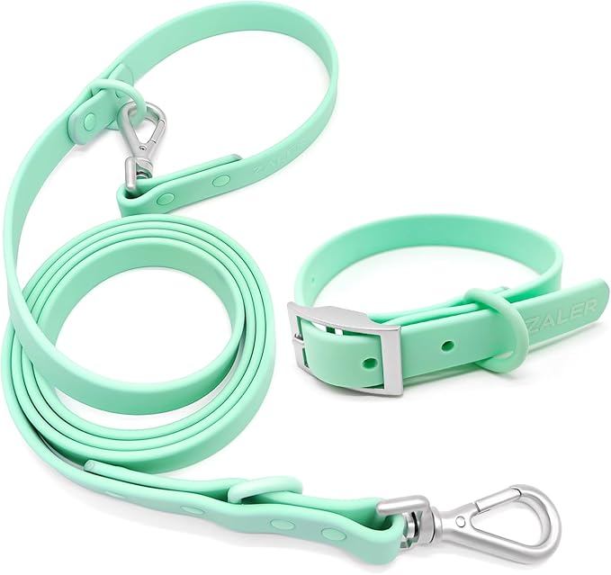 ZALER Dog Collar and Leash Set, Waterproof Adjustable Odor Proof Pet Collars Leashes Easy to Clean, 6FT Dog Leash with 2 Hooks for Large, Medium Small Dogs (M, Mint Green)