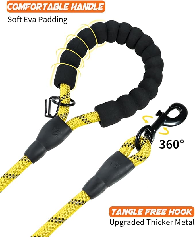 Joytale Reflective Dog Leash, Heavy Duty Nylon Rope with Poop Bag Holder, Highly Reflective Threads Leashes for Medium Large Dogs, Yellow, 5'×1/2''