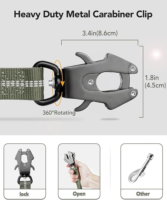 Joytale Tactical Dog Leash Heavy Duty, 4-6FT Shock Absorbing Bungee Lead with 2 Padded Handle, Metal Carabiner Clip, Car Seatbelt, Strong No Pull Leash for Medium Large X-Large Dogs, Army Green