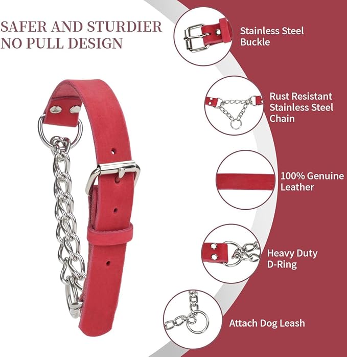 Martingale Collar for Dogs No-Pull Adjustable Training Collar with Stainless Steel Chain - Genuine Leather Anti-Slip Design for Small,Medium,Large Breed Dogs - Red (S)