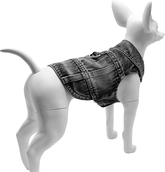 Puppy Clothes for Small Dogs Boy,Classic Western Denim Dog Coat,Dog Jeans Jacket with Leash D-Ring,Pet Cat Costumes,Cooling Harness Vest for Walking (Black, Large)