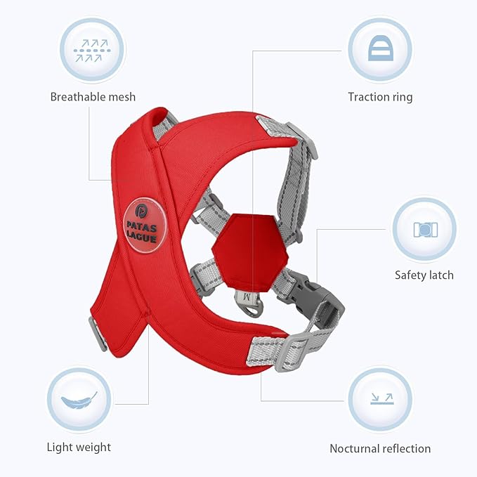 Patas Lague Dog Harness with Leash Set Adjustable Soft Padded Step-in Dog Vest No Choke No Pull Reflective for Small Medium Pets with Poop Bags and Dispenser, Solid and No-chew, Red M