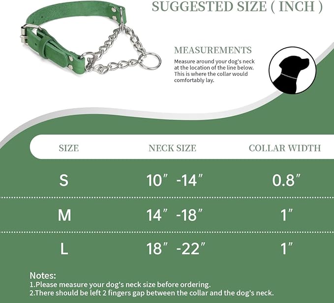 Martingale Collar for Dogs No-Pull Adjustable Training Collar with Stainless Steel Chain - Genuine Leather Anti-Slip Design for Small,Medium,Large Breed Dogs - Green (L)