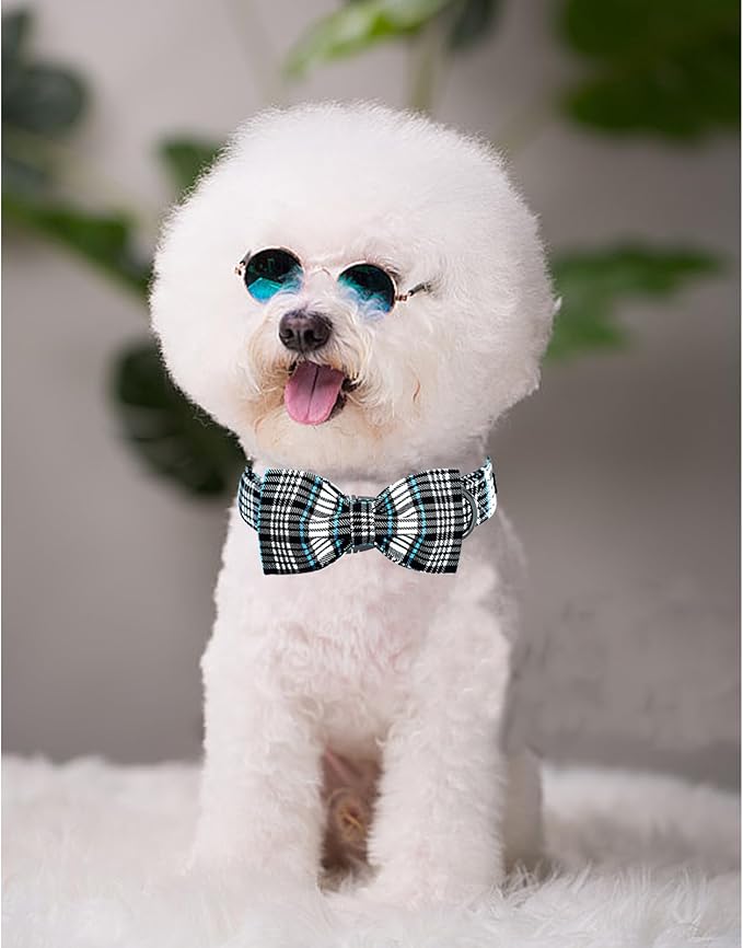 Lionheart glory Dog Bow Collar Blue and Black Plaid Dog Collar for X-Small Dogs,Boy Dog Collars with Bowtie Spring Summer Collars Soft Adjustable Pet Collar Bows