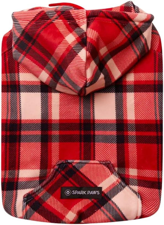 Spark Paws Dog Hoodie - Premium Quality, Buttery Soft, Superior Comfort and Fit, Calming Fleece Interior, Suitable for All Breeds - Red Plaid, S