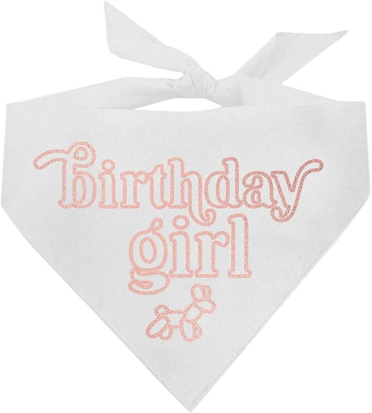 Birthday Girl Metallic Printed Dog Bandana | 100% Cotton Adjustable Triangle | Birthday Pawty | Party Theme | Celebration Supplies | Photoshoot Prop |White, Rose Foil (1329)