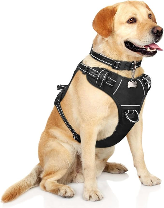 WINSEE Dog Harness No Pull, Pet Harnesses with Dog Collar, Adjustable Reflective Oxford Outdoor Vest, Front/Back Leash Clips for Small, Medium, Large, Extra Large Dogs, Easy Control Handle for Walking