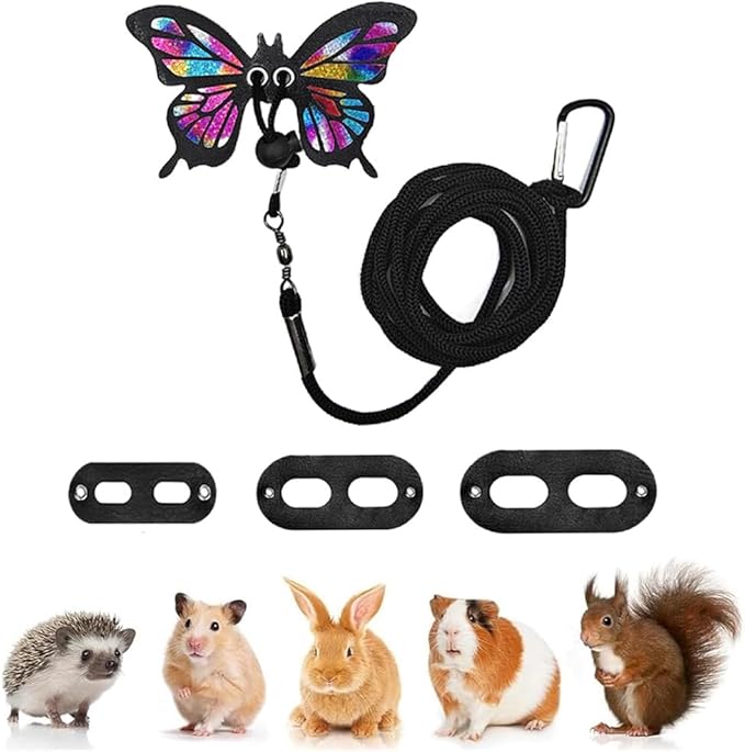 Bearded Dragon Harness Leash Set Adjustable 3PC Leather Vest Butterfly Wings Harness Lizard Outdoor Walking Control Rope for Iguana Gecko Chameleon Hamster Ferret (Black)