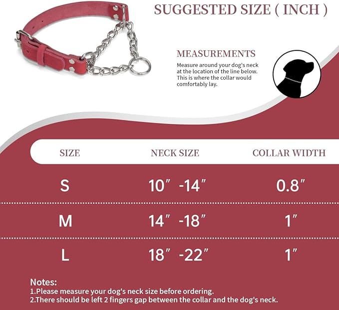 Martingale Collar for Dogs No-Pull Adjustable Training Collar with Stainless Steel Chain - Genuine Leather Anti-Slip Design for Small,Medium,Large Breed Dogs - Red (S)