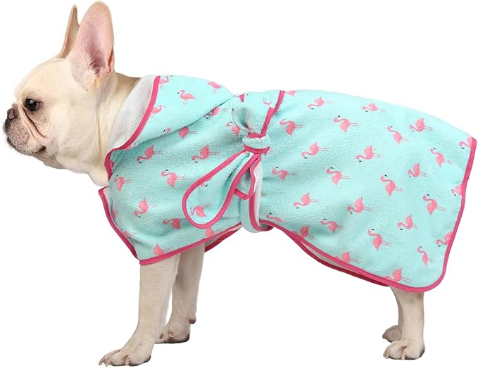 HDE Dog Bathrobe Super Absorbent Quick Drying Towel with Hood for All Dog Breeds Sizes S-XXL - Flamingos - M