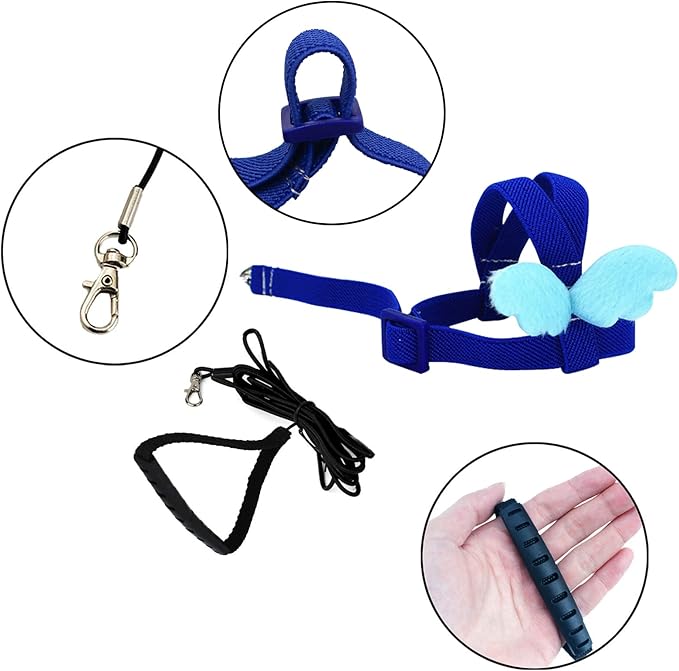Budgerigar Harness and Leash, Adjustable Parrot Bird Training Design Anti-Bite, Bird Nylon Rope with Cute Wing for Budgerigar and Same Size Birds (S, Blue)