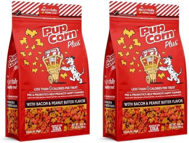 Pup Corn Plus - Puffed Dog Treats with Prebiotics and Probiotics - Bacon & Peanut Butter (24oz) - Made in USA (Pack of 2)