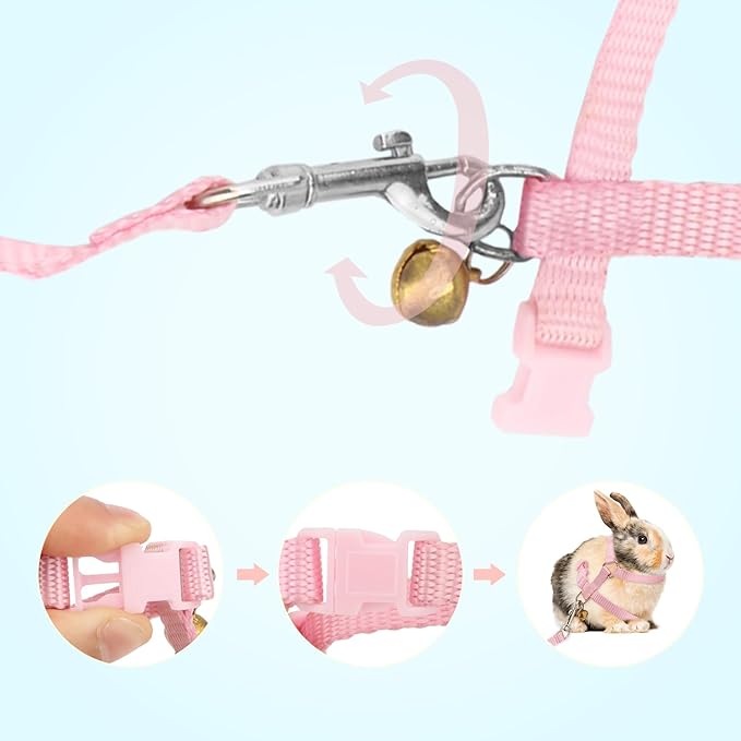 Hypeety Rabbit Bunny Harness with Leash Adjustable Soft Nylon Harness Rabbit Vest Lead Pink Blue Lead Leash All Season for Small Animals (Pink)