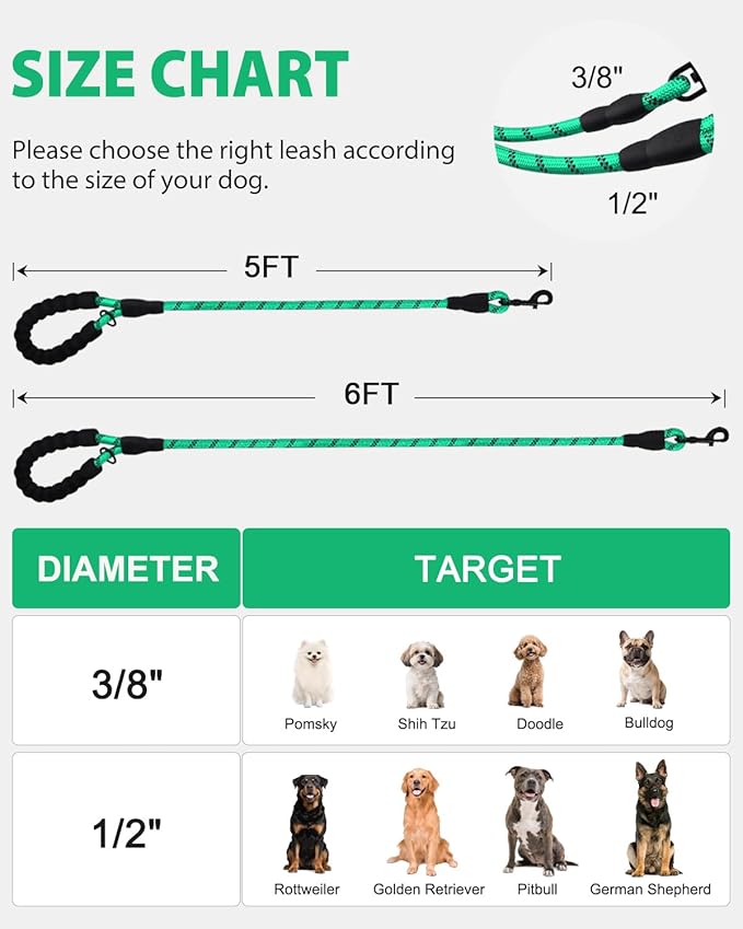 Joytale Reflective Dog Leash, Heavy Duty Nylon Rope with Poop Bag Holder, Highly Reflective Threads Leashes for Medium Large Dogs, Teal, 6'×1/2''