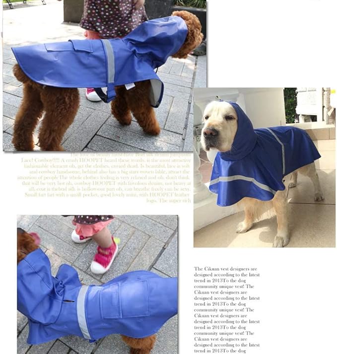 Large Dog Raincoat Adjustable Pet Waterproof Clothes Lightweight Rain Jacket Poncho Hoodies with Strip Reflective(Dark Blue,L)