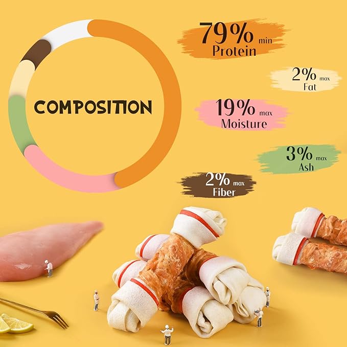 ASMPET Dog Chews Long Lasting, 6.5" Knotted Dog Bones Human Grade Natural Chicken Wrapped Rawhide Bones Teeth Cleaning for Small Medium Large Breeds (Packs of 4)