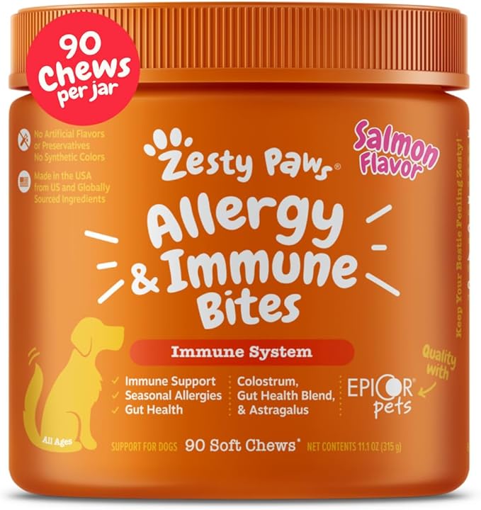 Zesty Paws Dog Allergy Relief- Dog Itching Skin Relief- Dog Probiotics for Itchy Skin and Itchy Ears- Dog Allergy Paw Relief- Dog Allergy Chews- Dog Itch Relief- Dog Skin Allergy Relief- Salmon- 90ct