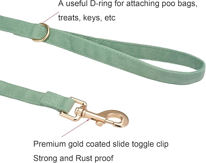 Soft Corduroy Dog Collar and Leash Set, Adjustable Cotton Dog Collars with Metal Buckle and Lead for Small Dogs,Grass Green