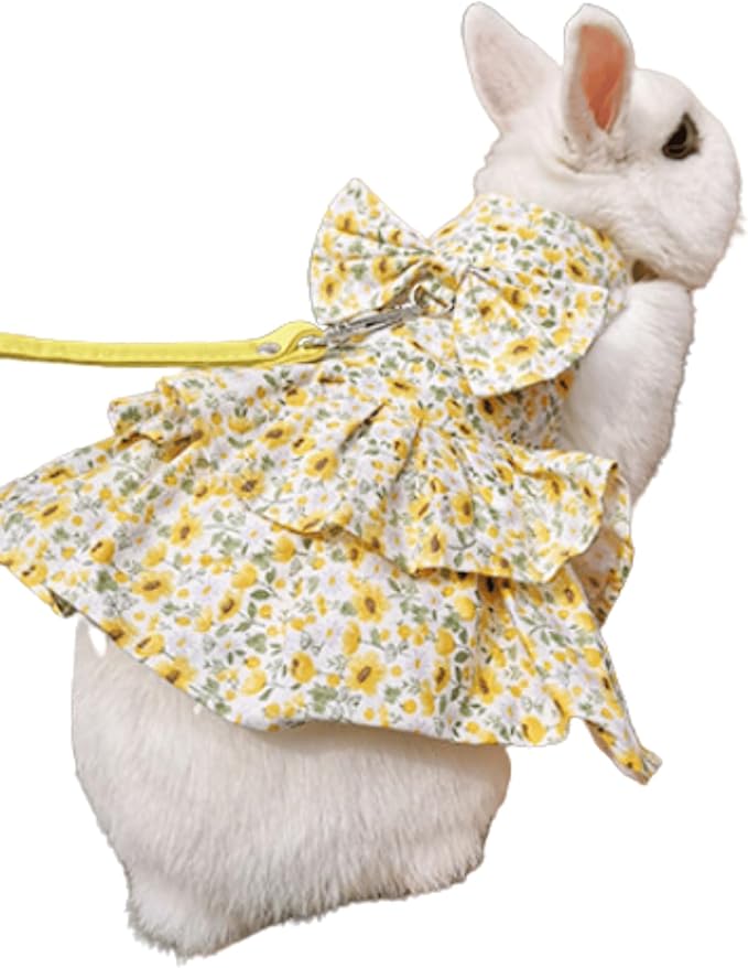 Rabbit Leash and Harness Set Adjustable Bunny Dress Rabbit Clothes Outfit for Small Pet Ferret Guinea Pig Squirrel Hamster (Yellow,L)