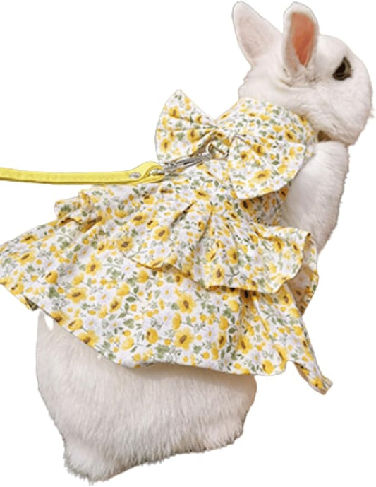 Rabbit Leash and Harness Set Adjustable Bunny Dress Clothes Outfit for Small Pet Ferret Guinea Pig Squirrel Hamster (Yellow,S)