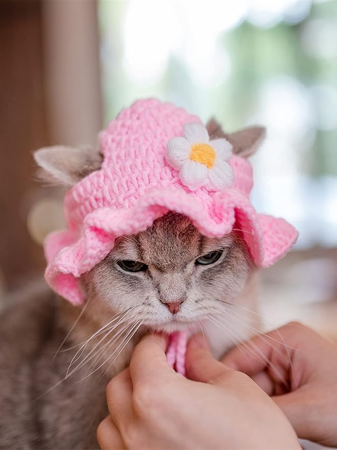 QWINEE Cartoon Design Knit Cute Dog Hat Soft Cat Hat Rabbit Hat Halloween Christmas Party Costume Head Wear Accessories for Puppy Cat Kitten Small Dogs Small Animals Pink and White Small