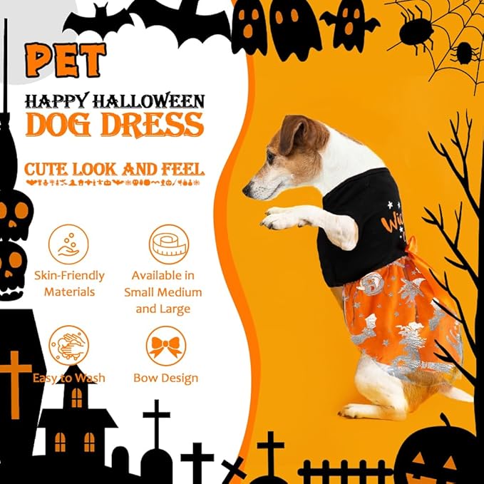 Wickedly Cute Dog Dresses - Halloween & Christmas Pumpkin Witch Bat Costume for Small & Large Dogs (XX-Small, Wickedly Cute)